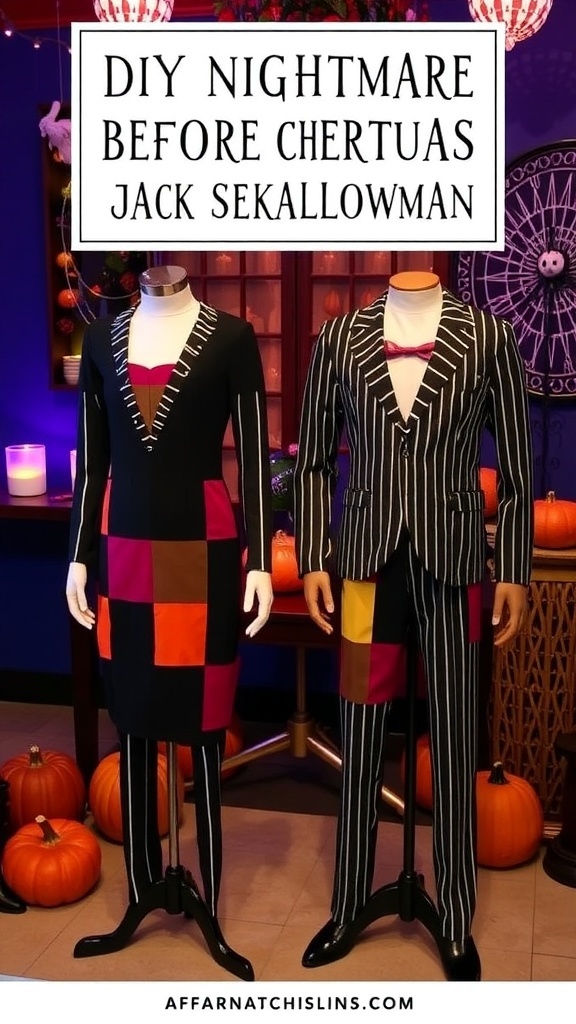DIY Sally and Jack Skellington costumes displayed with Halloween decorations.